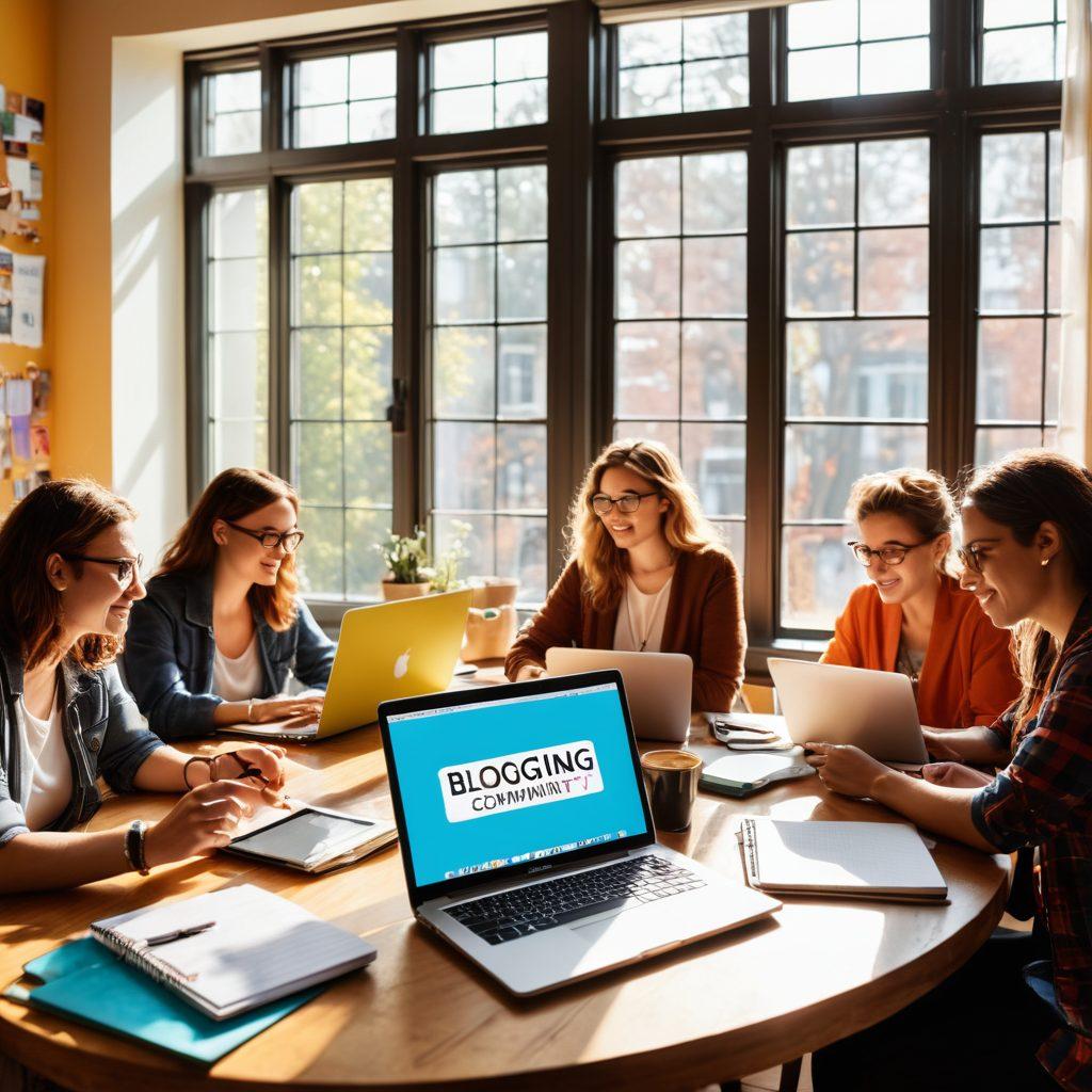 A diverse group of bloggers gathered around a vibrant table filled with laptops and coffee cups, engaged in animated discussions. The backdrop features a colorful 'Blogging Community' banner with inspirational quotes. Include elements symbolizing digital journaling, like open notebooks and digital devices. Sunlight streaming through a large window, adding warmth to the scene. super-realistic. vibrant colors. bright and inviting.