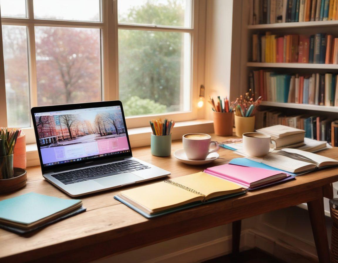An open laptop on a wooden desk, surrounded by colorful notebooks and stationery, with pages featuring handwritten blog ideas. A warm cup of coffee sits beside it, and a soft light from a window casts a glow over the scene. In the background, a bookshelf filled with inspiring books stands tall. Generate a dynamic workspace atmosphere that conveys creativity and authenticity. vibrant colors. cozy aesthetic.