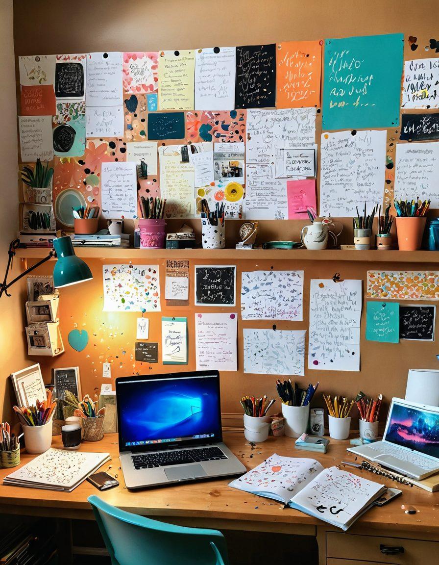 A whimsical workspace bursting with color, featuring a cozy desk cluttered with notebooks, art supplies, and a glowing laptop, surrounded by inspirational quotes on the walls. Sprinkled throughout are elements of creativity, like paint splatters and doodles, giving a sense of action and passion. The lighting is warm and inviting, enhancing the feeling of a creative haven. super-realistic. vibrant colors. cozy atmosphere.